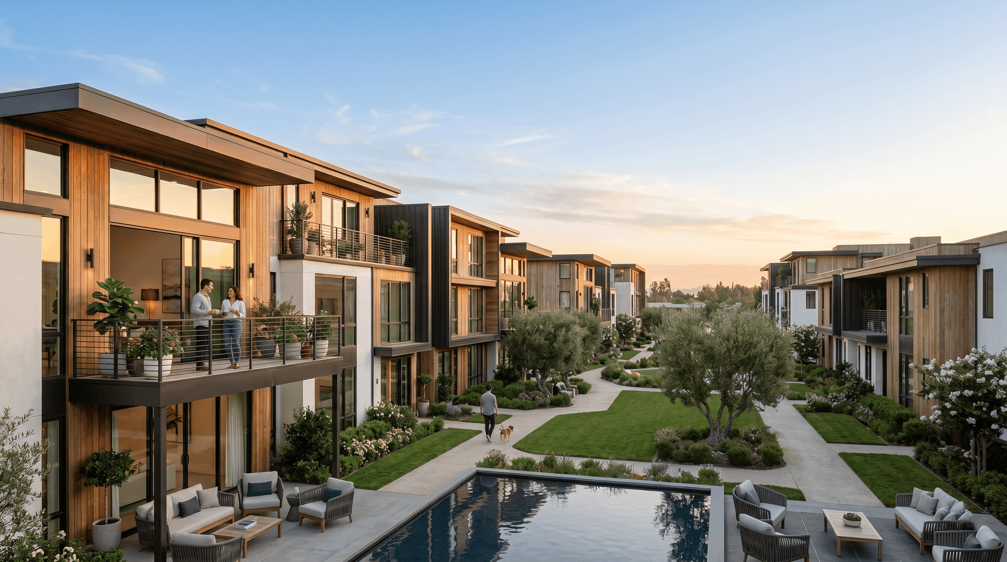 Condominio moderno con áreas verdes y piscina al atardecer